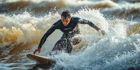 Surfer riding waves on the choppy sea, with water splashing all around.