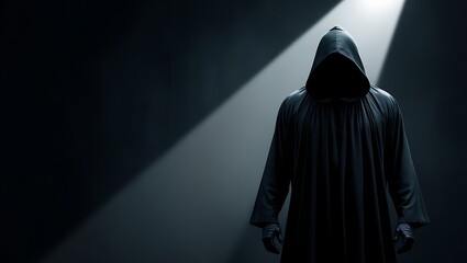 Mysterious hooded figure in darkness with spotlight.