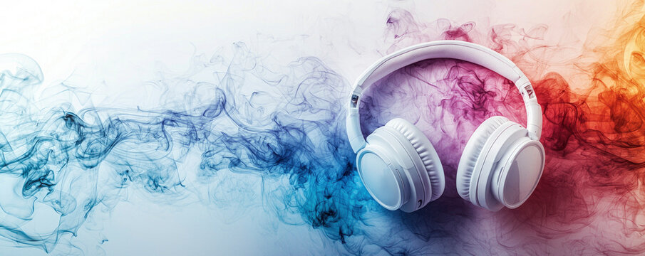 banner with place for text. A pair of white headphones is positioned against a backdrop of vibrant sound waves in shades of red and blue, illustrating the essence of audio creativity.