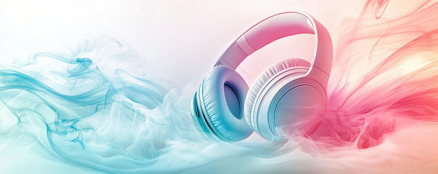banner with place for text. A pair of white headphones is positioned against a backdrop of vibrant sound waves in shades of red and blue, illustrating the essence of audio creativity.