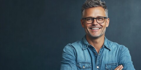 Fototapeta premium A portrait of a smiling man in a denim shirt and glasses, arms confidently crossed.