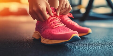 Hands tying up sports shoes, preparing for exercise.