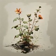 Naklejka premium Watercolor painting of leaves and flowers on gray background.