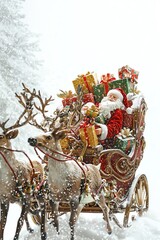 Santa Claus riding in a sleigh pulled by reindeer, delivering Christmas presents.
