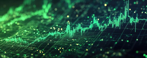 Obraz premium Abstract representation of digital financial data with green lines and dots, illustrating market trends and analytics.
