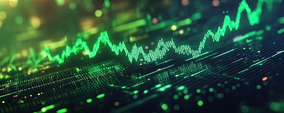 Dynamic graph showcasing vibrant green data trends and fluctuations on a digital interface.