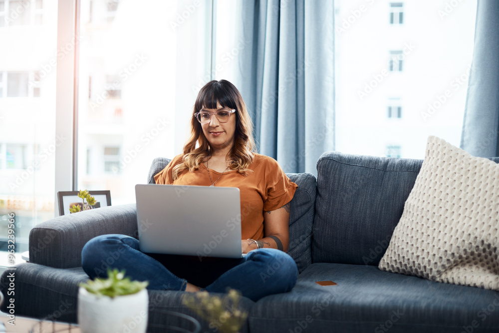 Poster glasses, relax and woman with tablet, ideas and typing on app, smile and creative in home and online
