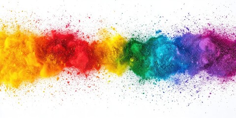 Fototapeta premium Colorful explosion of Holi powder creating a rainbow effect on a wide white background.