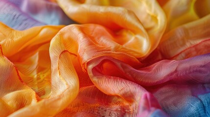 A close-up shot of handwoven silk fabric showcasing the delicate interplay of natural dye colors in a tie-dye design