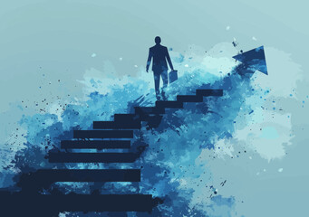 Businessman Climbing Stairs with Arrow Sign, Concept of Career Growth and Success, Abstract Minimalistic Vector Illustration, Inspirational Motivational Image for Business and Success Themes