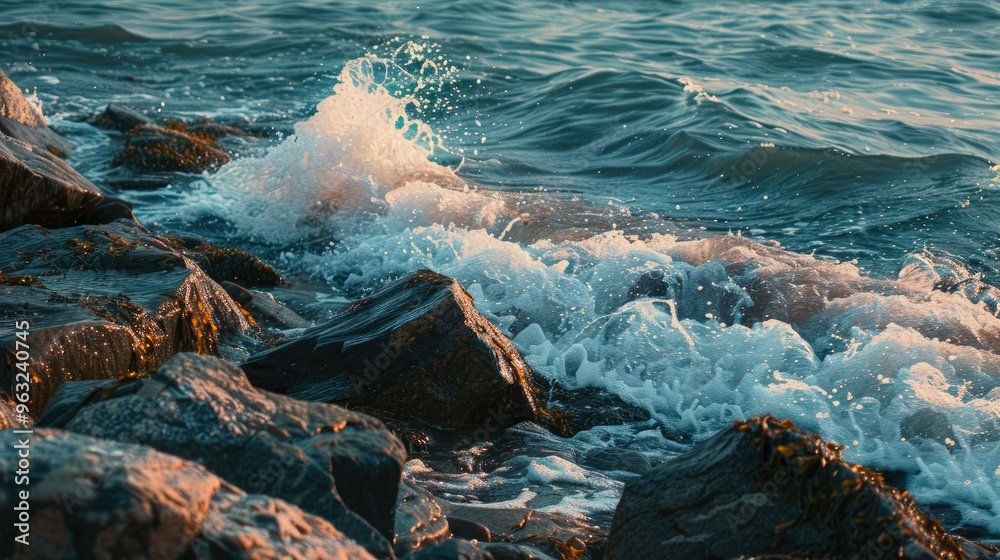 Poster Gentle waves crash against rocks along a tranquil shoreline.