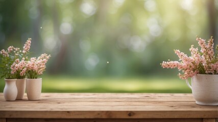 Spring summer blurred background with wooden table for product display.