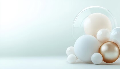 A bunch of white and gold balls are arranged in a glass container