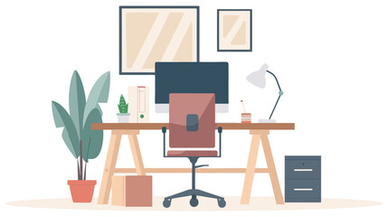 Empty home office with desk computer and decoration. Minimalist flat design illustration
