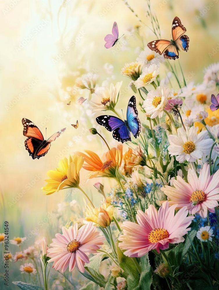 Sticker A colorful arrangement of wildflowers flourishes while butterflies flit joyfully in a sunlit meadow filled with gentle hues. Generative AI