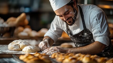  Baker happily preparing dough, dusted with flour, working with precision to create delicious pastries in a busy and cheerful bakery setting.