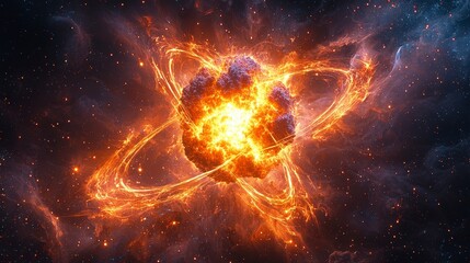 Obraz premium A fiery cosmic explosion with swirling flames and a star in the center.