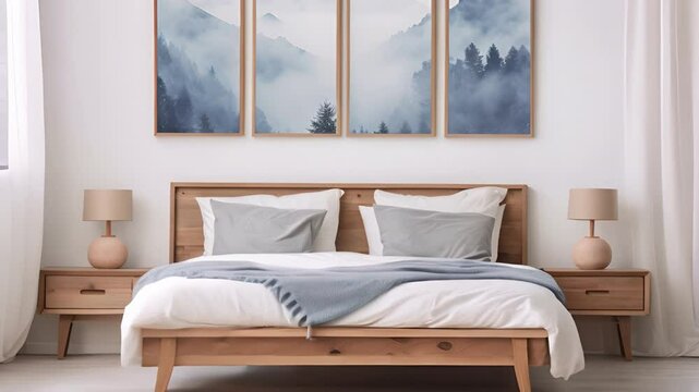 modern bedroom interior design with three posters in a wooden frame hang on the wall above the bed ,generative ai