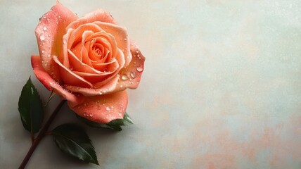 Obraz premium Elegant Peach Rose with Dew Drops on Soft Pastel Background - Close-Up Floral Photography