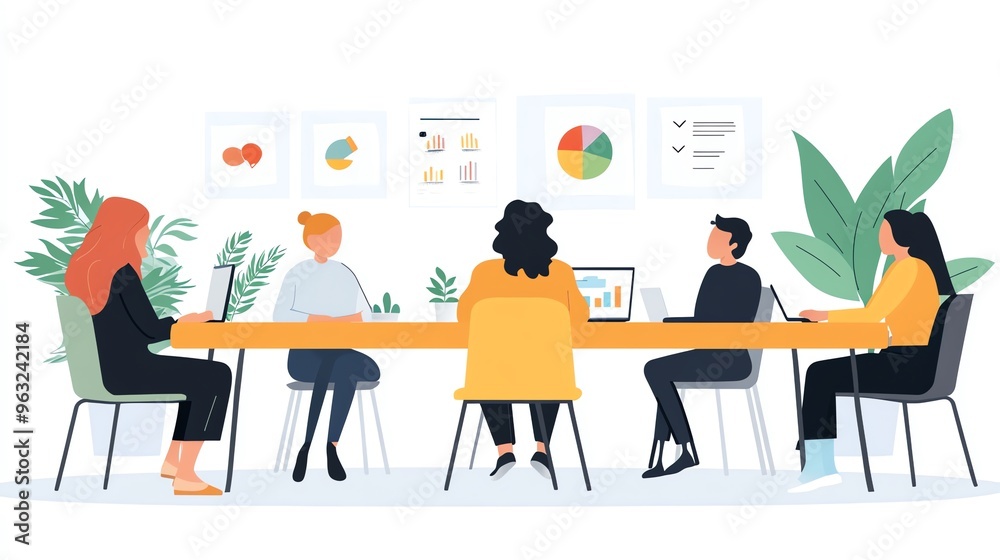 Poster Diverse team meeting with charts and graphs.