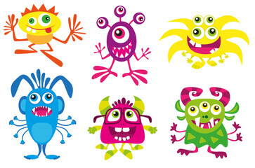 Halloween vector illustration. Funny cartoon monsters set collection on white background. Bright design for party decoration.