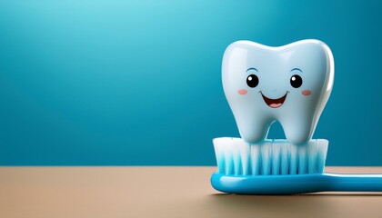 歯ブラシの上に乗っているカワイイ歯のキャラクター（A cute tooth character sitting on a toothbrush）

