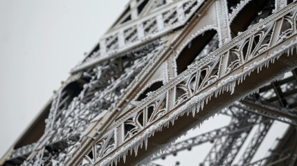 Obraz premium A close-up view of the Eiffel Tower's intricate latticework reveals delicate snowflakes clinging to its metal beams, creating a mesmerizing contrast of textures.