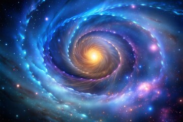 Mesmerizing cosmic spiral with golden core surrounded by twinkling stars in deep space