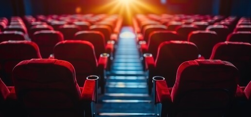 Fototapeta premium Empty movie theater seats with bright light shining on the screen. A perfect setting for a movie night.