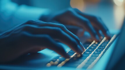  Close-up of hands typing on an illuminated laptop keyboard, showcasing focus, technology, and productivity during a late-night work session.