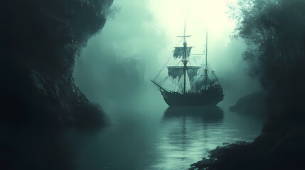 A ghostly pirate ship anchored in a secret cove, ethereal and foreboding. Pirate. Illustration