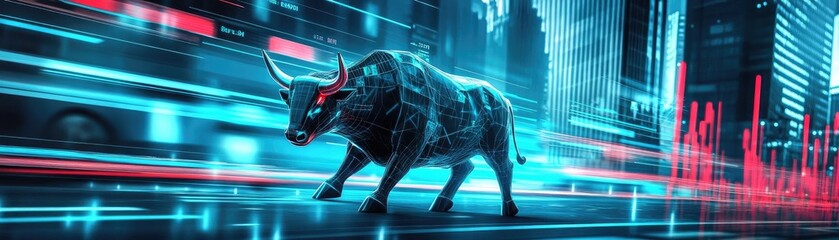A powerful digital bull symbolizing market strength, racing through a futuristic cityscape with vibrant neon lights.