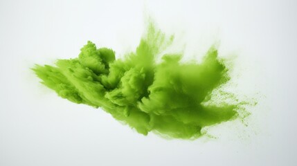 A cloud of matcha powder gently dispersing in the air, its delicate particles suspended in a dance of vibrant green against a stark white backdrop.