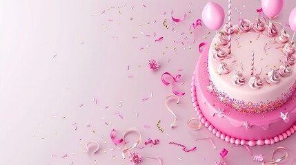 A delightful pink birthday cake forms a charming background. The pink color gives a soft and festive look. The cake has a smooth surface and is likely decorated with various elements. It brings a sens