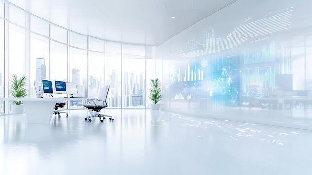 A professional office environment where a global team is engaged in a digital marketing trends presentation The backdrop features international conference banners and diverse workp