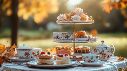  Charming outdoor tea party with fall-themed cups, plates, and treats, set against a backdrop of autumn leaves and sunlight.