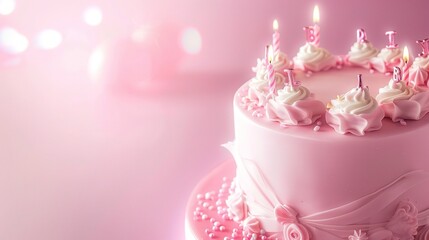 A delightful pink birthday cake forms a charming background. The pink color gives a soft and festive look. The cake has a smooth surface and is likely decorated with various elements. It brings a sens