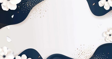 A decorative graphic design featuring flowers and abstract shapes in navy and white.
