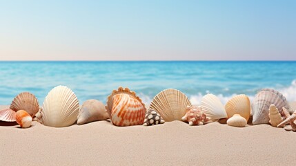 A collection of seashells in various shapes and sizes, arranged on a soft sandy beach with gentle waves lapping in the background