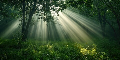 Beautiful rays of sunlight streaming through a green forest.