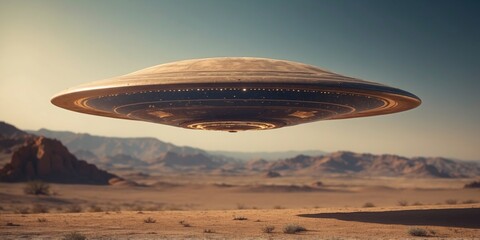 Flying saucer hovering above the desert a scene from another world creating wonder and curiosity among stargazers and skeptics alike.