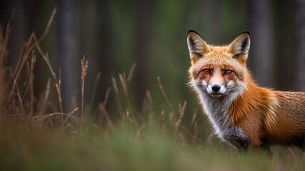 Curious Red Fox Peeking Through Tall Grass in Forested Habitat.