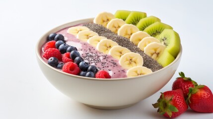 A colorful smoothie bowl made with a blend of fruits, vegetables, and yogurt, garnished with chia seeds and a sliced banana