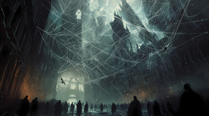 A giant spider web covering an entire city, with people trapped like flies in its sticky strands. Giant. Illustration