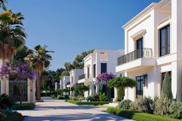 A modern two-story house with a flat roof and large windows. Beautiful simple AI generated image