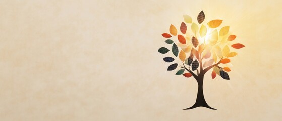 Colorful Tree with Autumn Leaves on Beige Background with Sunlight
