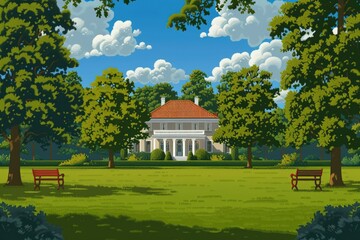 Beautiful exterior design of a modern house with well-manicured landscaping and outdoor seating area, exterior, landscaping. Beautiful simple AI generated image