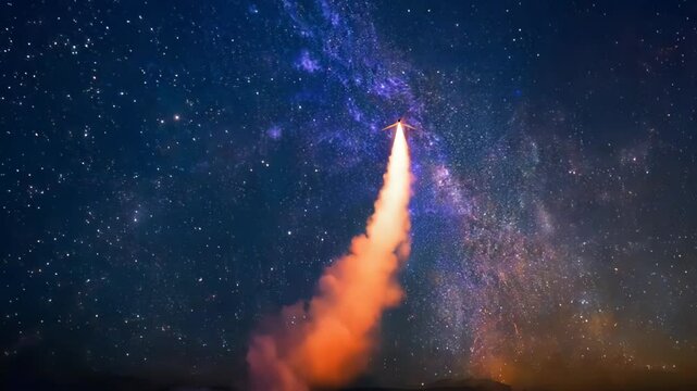 rocket blasting into the starry night sky, leaving a bright trail of orange and yellow flames, with the Milky Way and numerous stars visible in the background