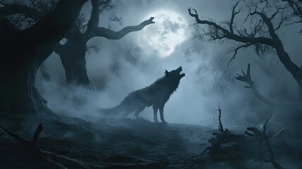 Icon of a werewolf howling at the moon, surrounded by fog and dead trees.