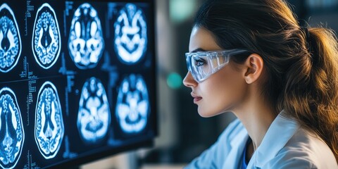 Female medical researcher analyzing brain scans in a modern laboratory, focusing on neurophysiology and pharmacology.